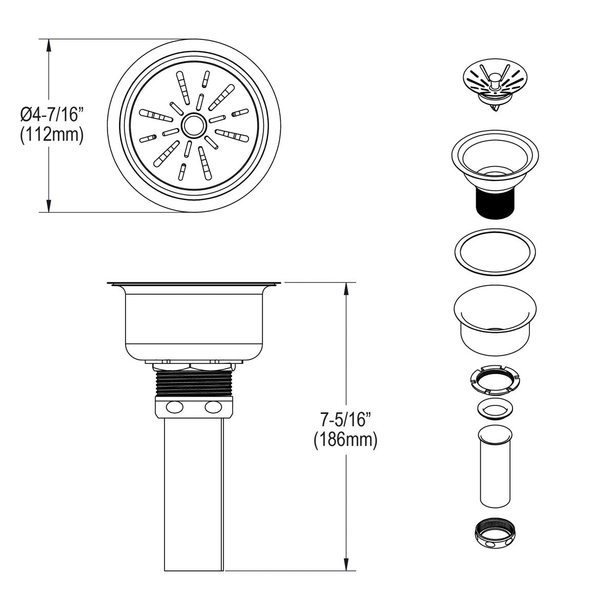 Elkay Type 304 Stainless Steel 3-1/2 Drain Fitting with Strainer Basket and Tailpiece