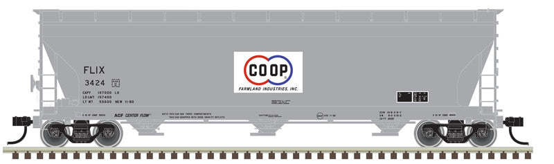 Atlas HO Scale ACF 4650 Centerflow Covered Hopper Model - FLIX Farmland CO - OP #3433 in Gray, Red, and Blue Colors